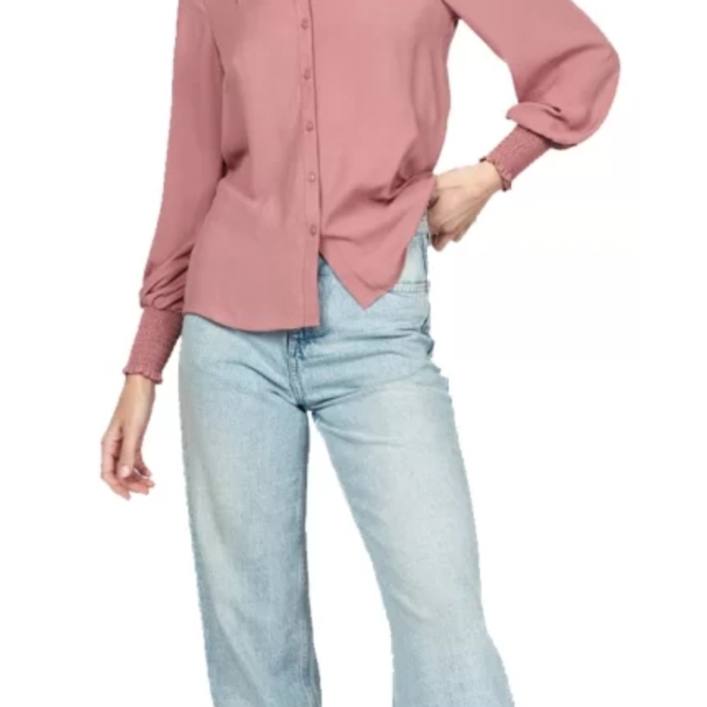Pink Puff Sleeve Button Down Shirt
